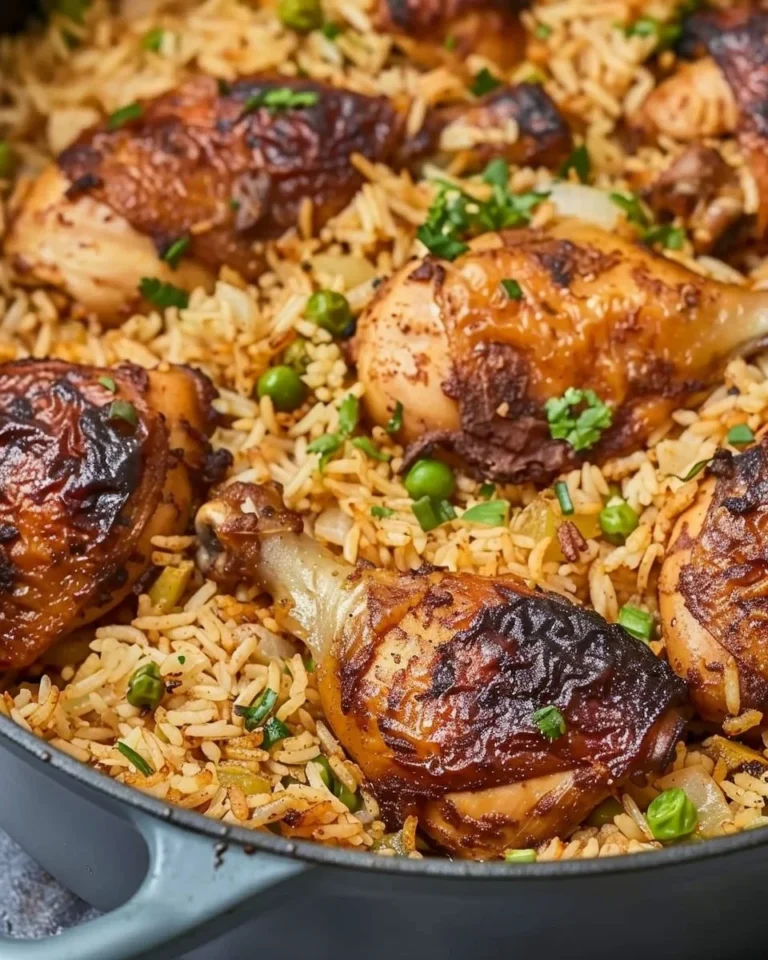 One-pot chicken and rice dish garnished with herbs in a cooking pot.