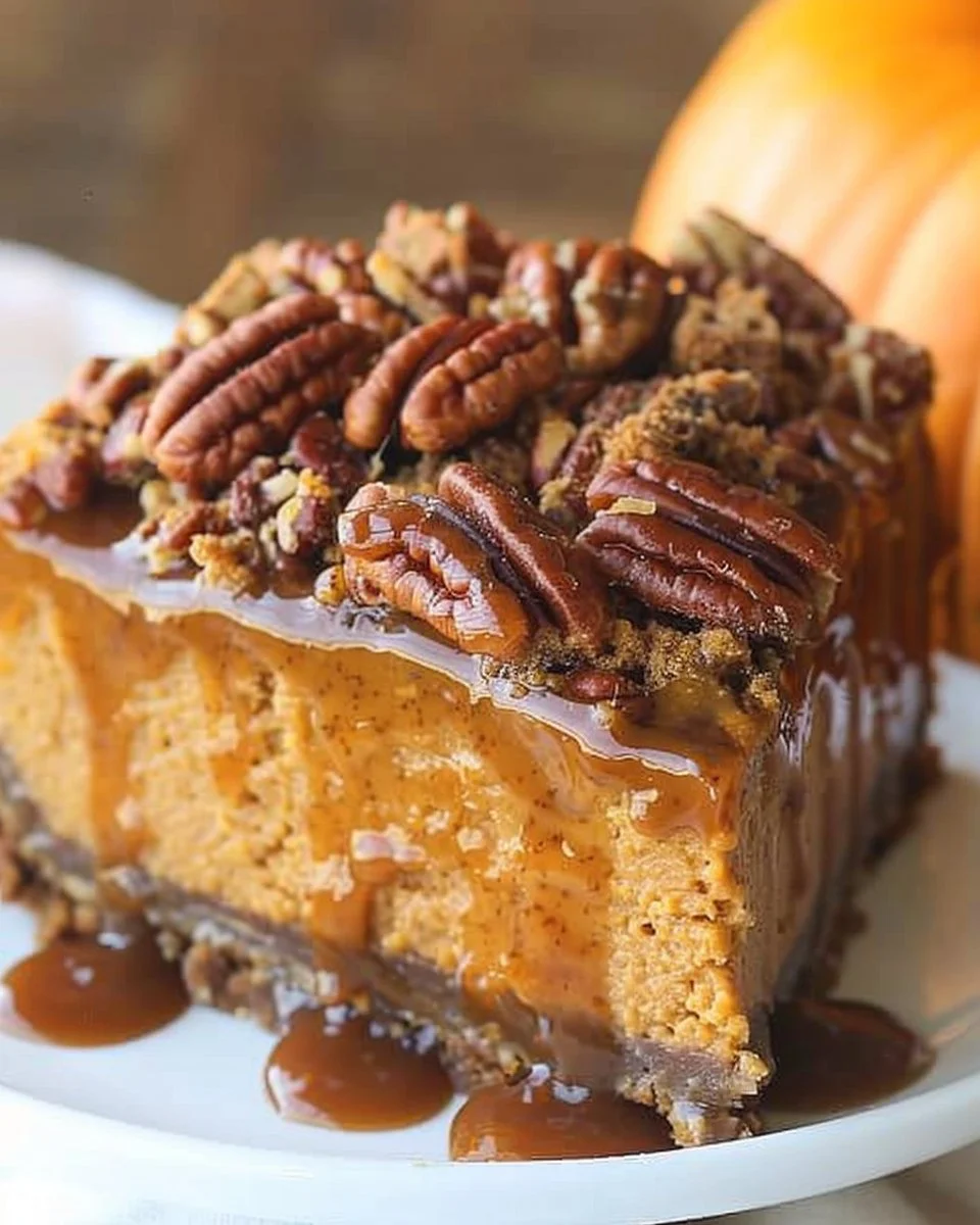 Pecan Pie Pumpkin Cheesecake topped with caramel and pecans