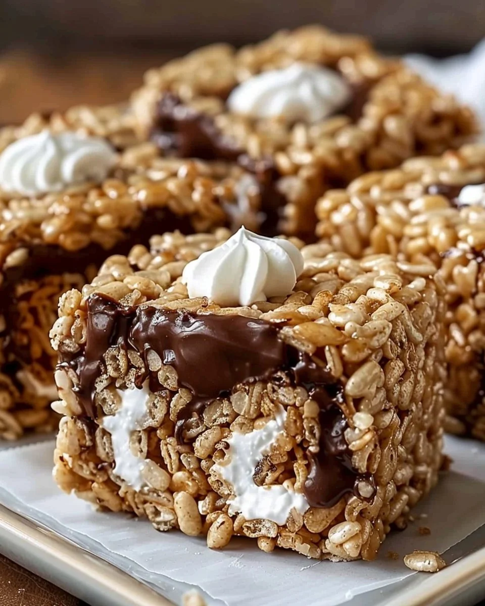 Rolled S'mores Rice Krispie Treats stacked on a plate with graham crackers and chocolate.