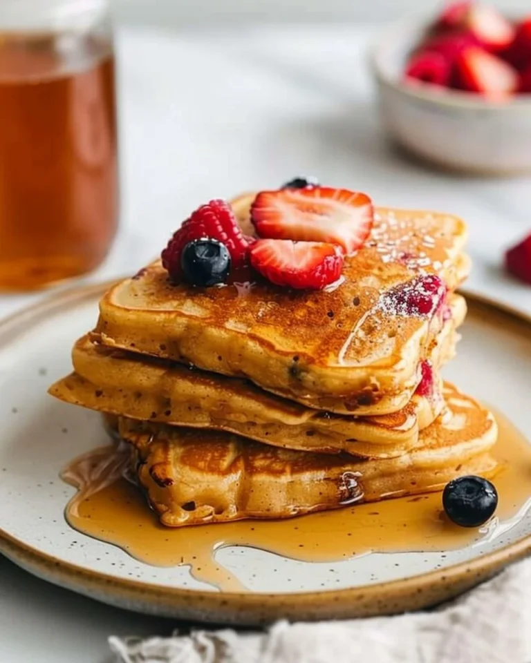 Sheet pan pancakes ready to serve with syrup and fresh fruit.