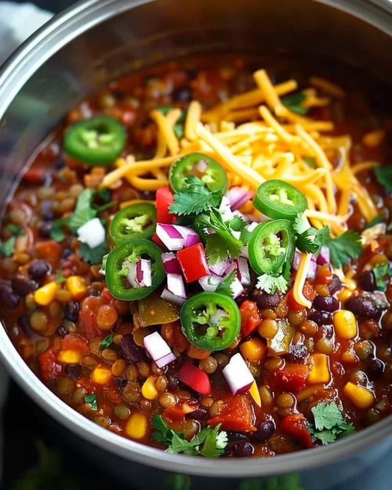 Bowl of Slow Cooker Lentil Taco Chili topped with avocado and cilantro