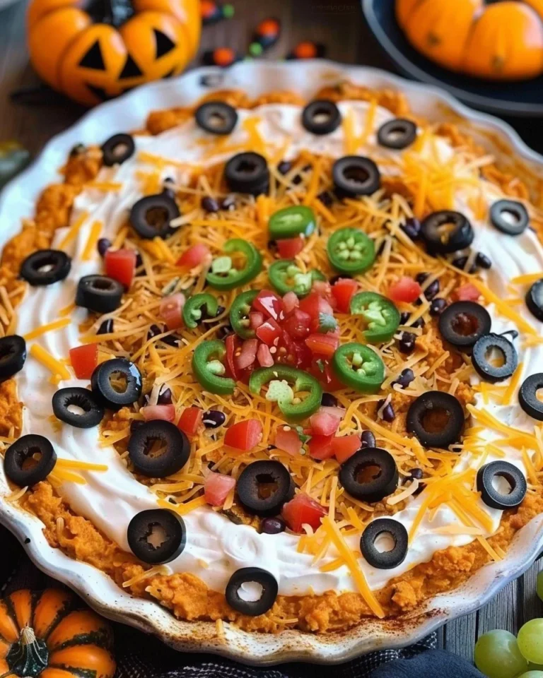 Spooky Fall Seven Layer Taco Dip with Halloween-themed toppings