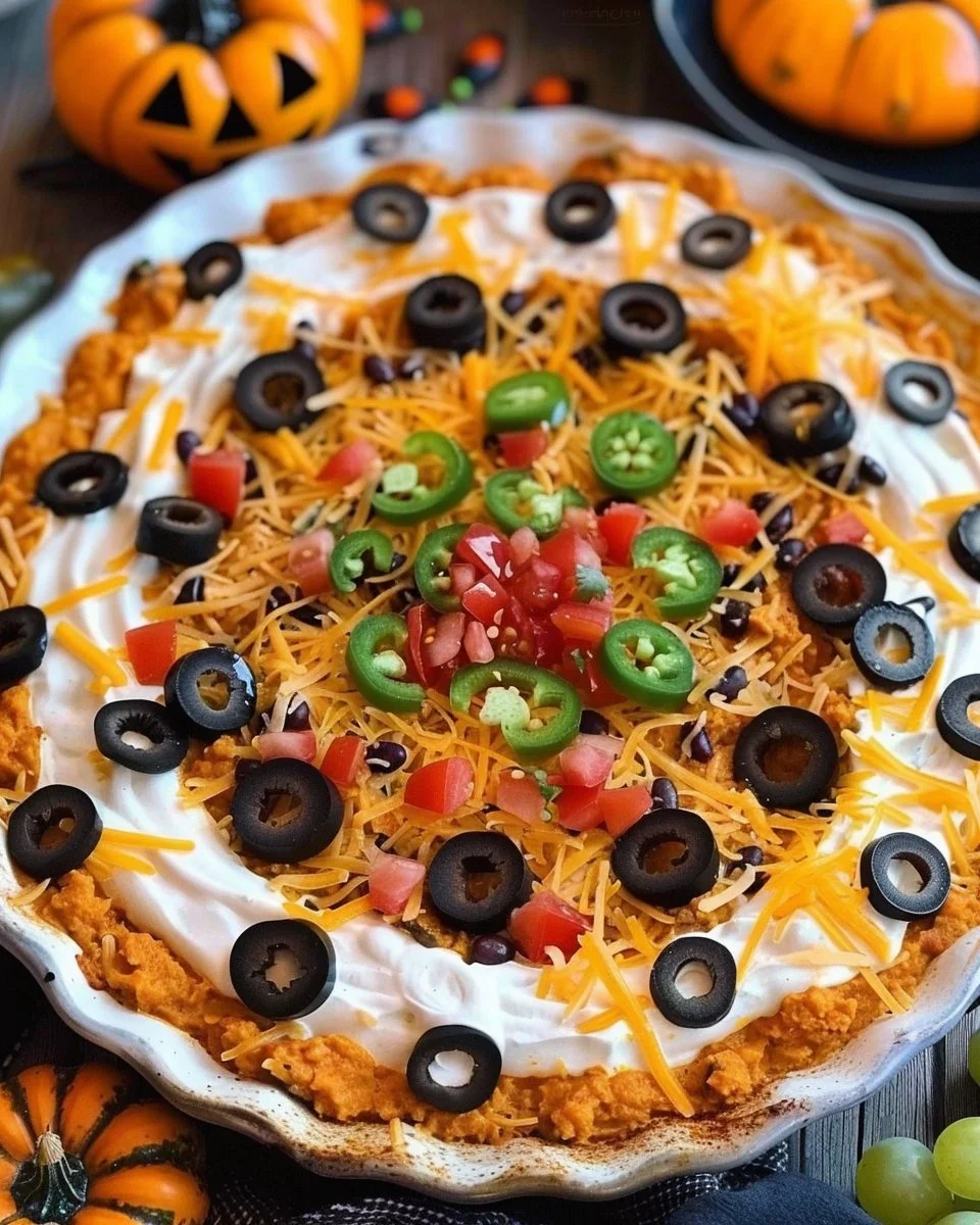 Spooky Fall Seven Layer Taco Dip with Halloween-themed toppings