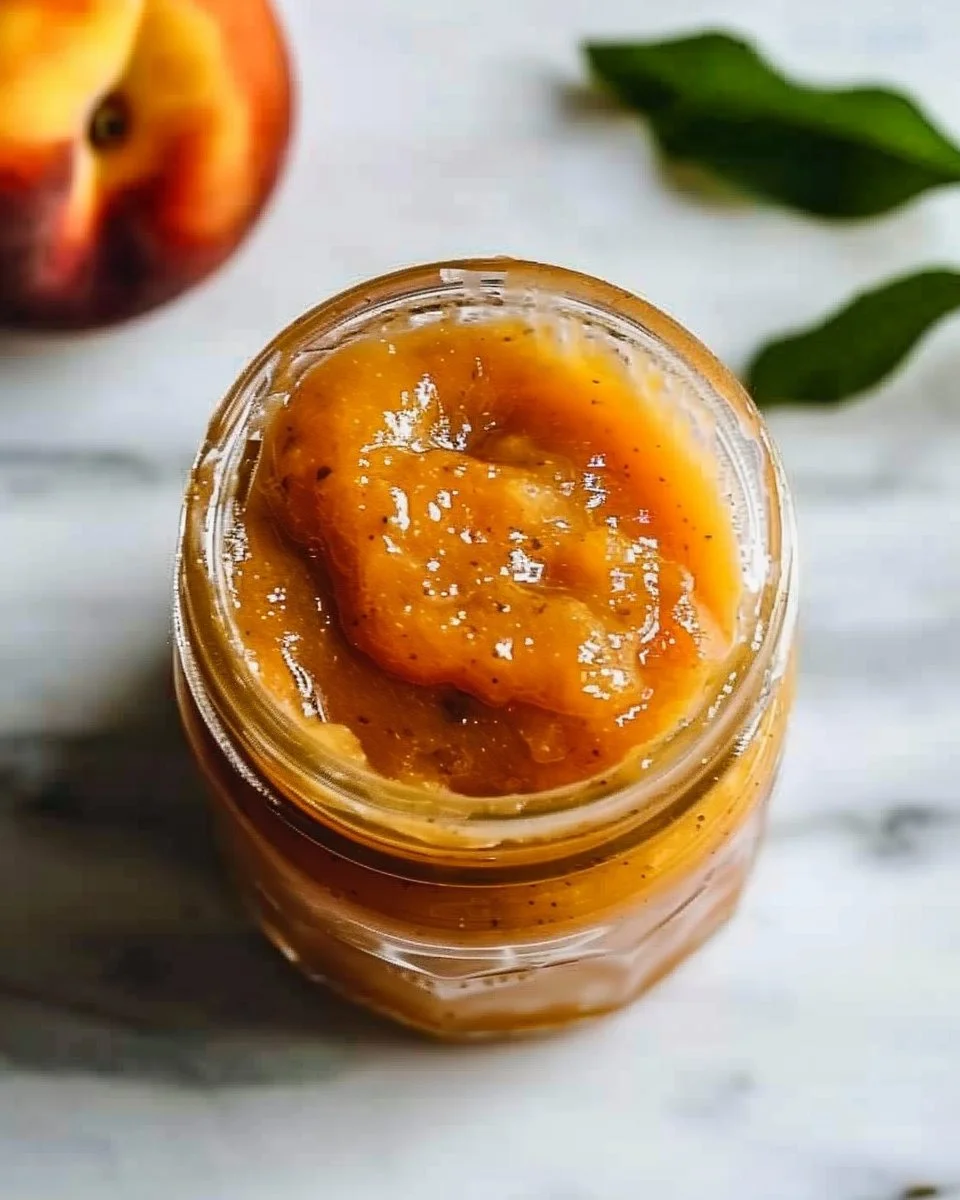 Homemade stovetop peach butter in a jar with fresh peaches on the side