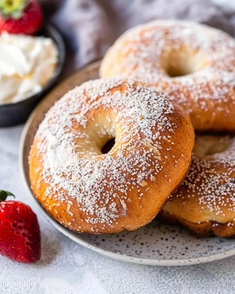 Homemade strawberry bagels topped with fresh strawberries and cream cheese