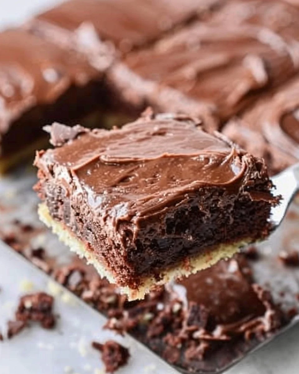 Delicious Texas Sheet Cake topped with chocolate frosting and pecans.