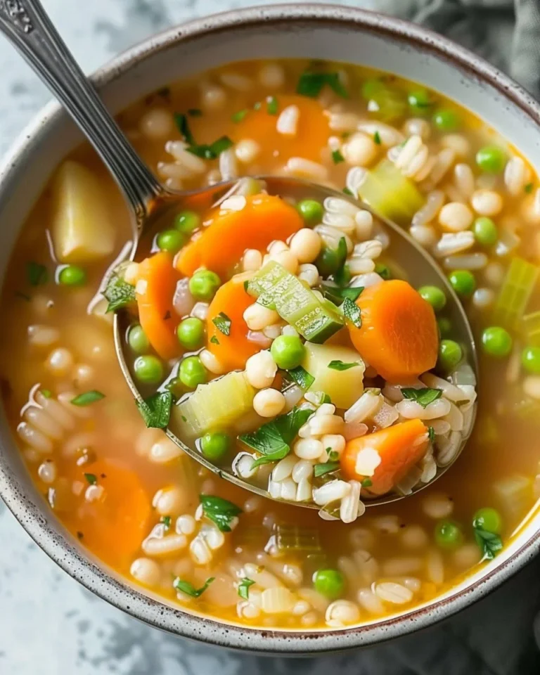 Bowl of delicious Vegetable Barley Soup filled with colorful vegetables and barley.