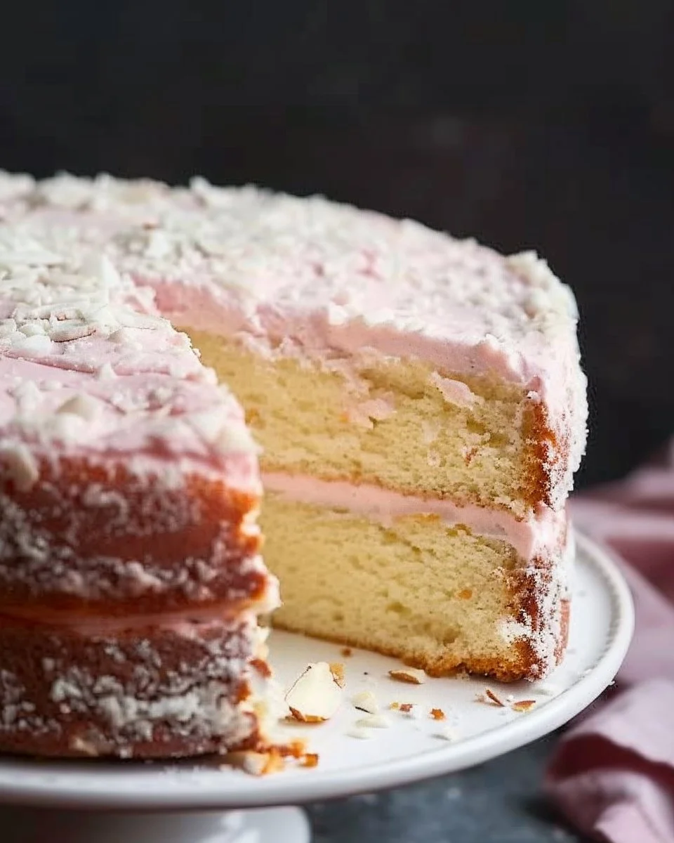 Delicious white almond cake decorated with fresh almonds and icing.