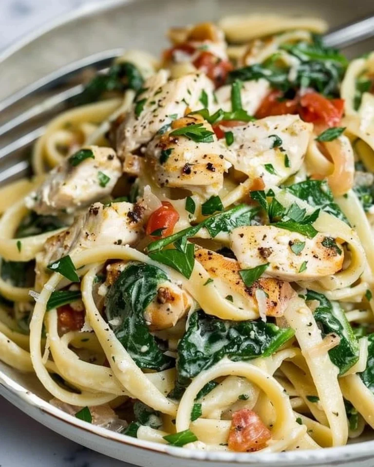 Delicious Chicken Feta Spinach Pasta in a bowl garnished with herbs