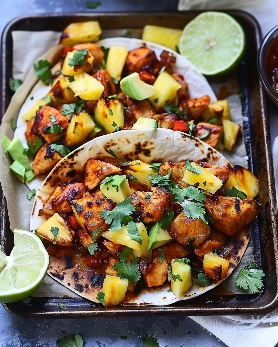 Delicious Chipotle Chicken Pineapple Tacos garnished with fresh ingredients