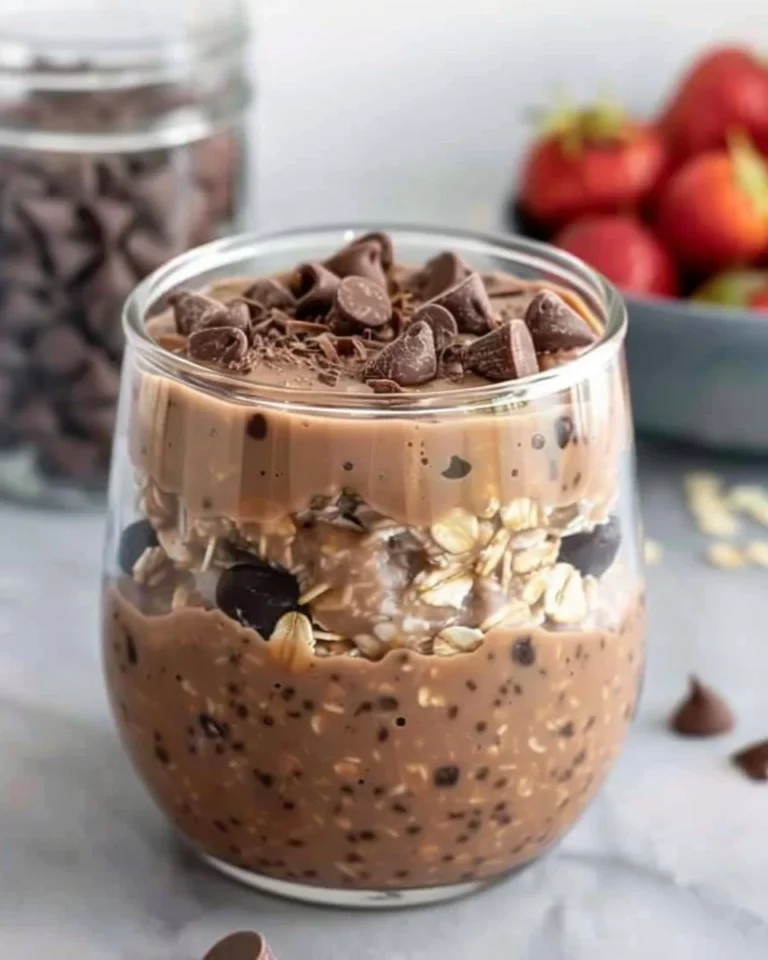 Bowl of chocolate protein overnight oats topped with berries and nuts
