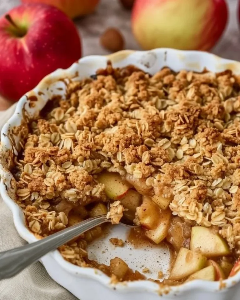 Bowl of delicious homemade apple crumble with oats and cinnamon on a wooden table