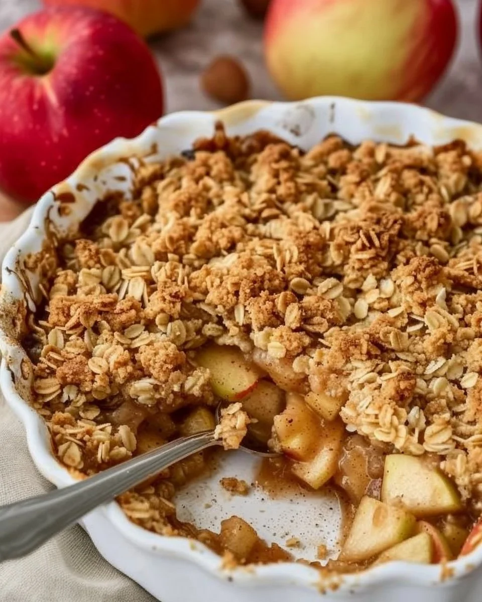 Bowl of delicious homemade apple crumble with oats and cinnamon on a wooden table