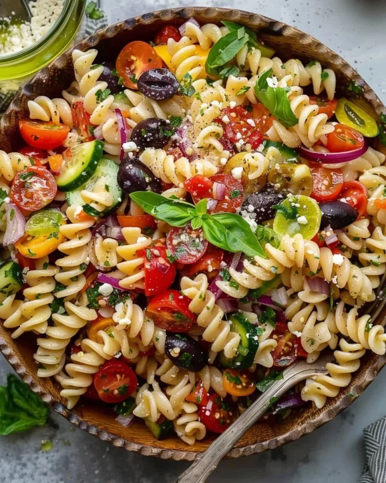 Bowl of easy Italian pasta salad with colorful vegetables and dressing