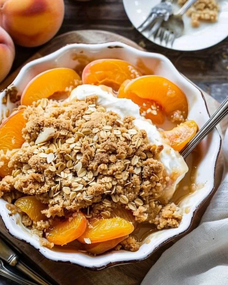 Delicious homemade fresh apricot crisp with oat topping served in a dish.