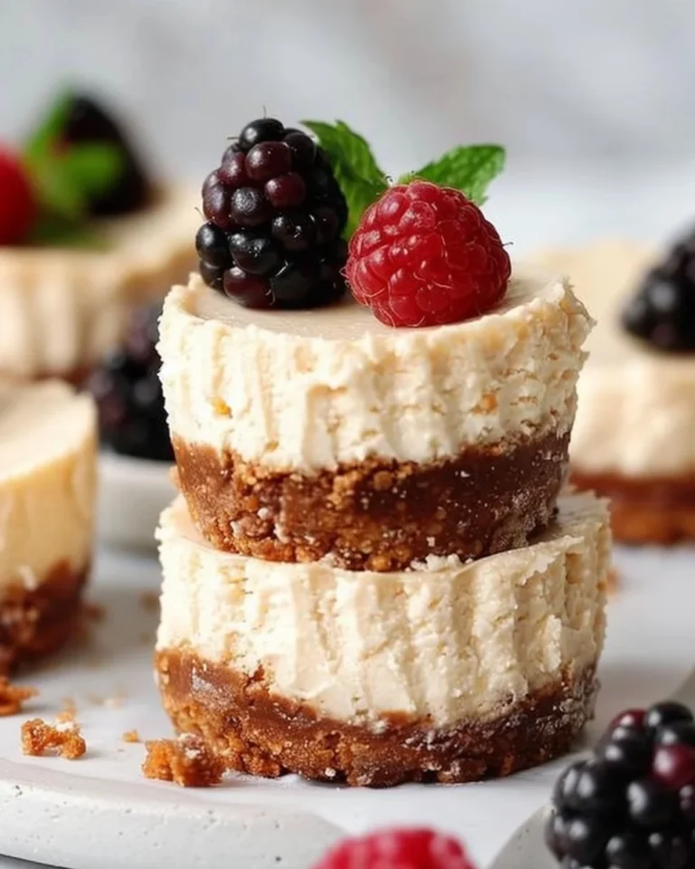 Mini protein cheesecakes topped with fresh berries and mint leaves