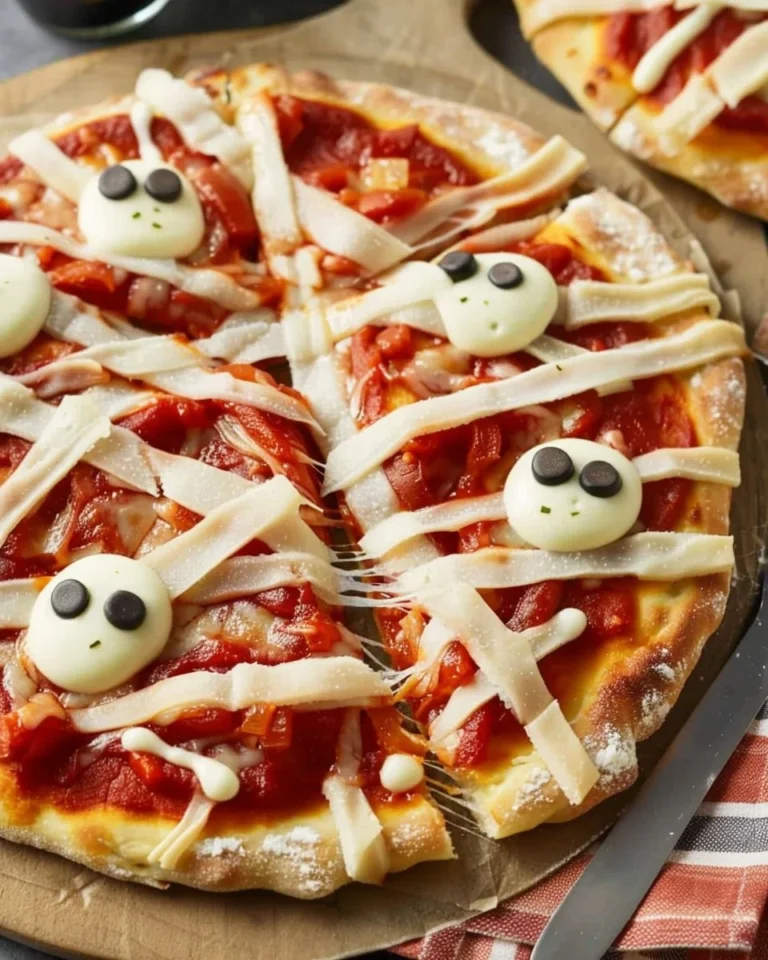 Delicious Mummy Pizza with cheese and pepperoni, perfect for Halloween parties.