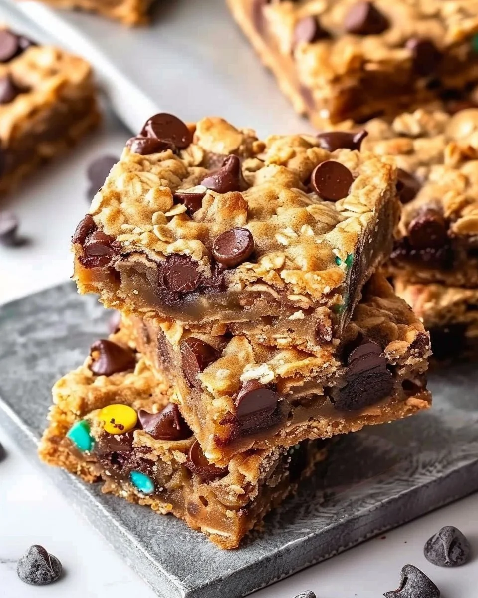 Oatmeal chocolate chip cookie bars on a plate, fresh and delicious dessert.