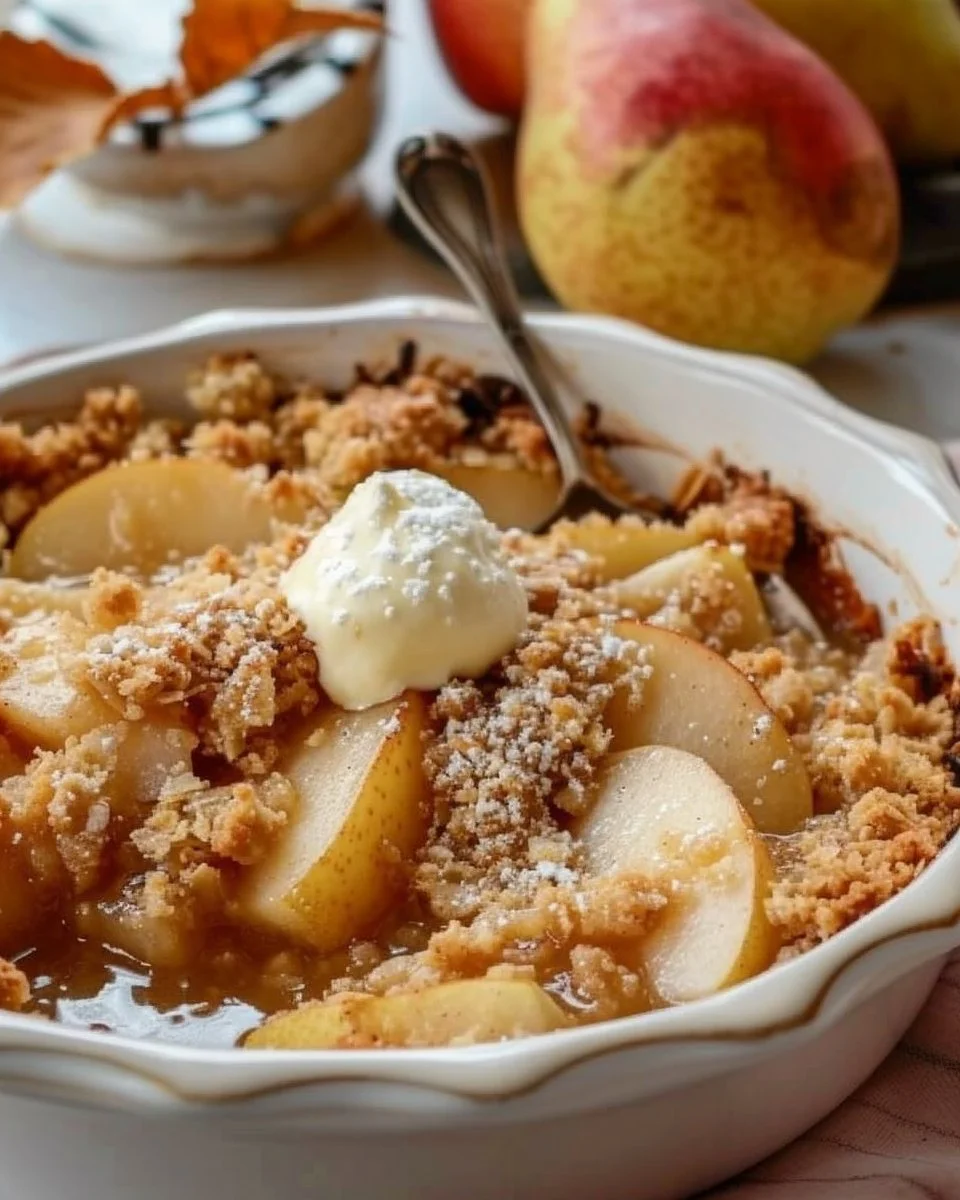 Delicious old-fashioned pear crumble dessert with buttery topping