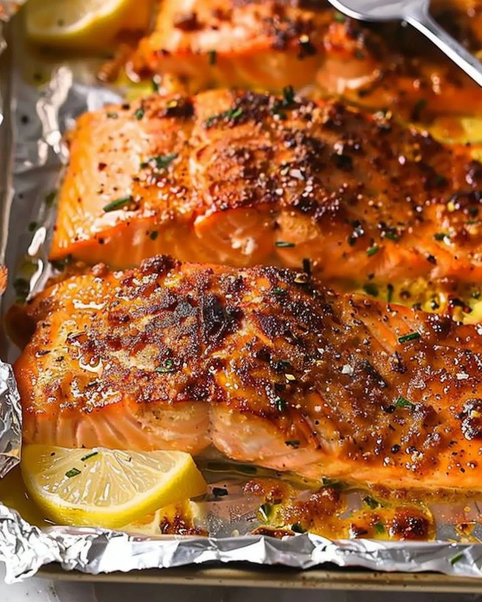 Delicious oven-baked salmon served on a plate with herbs and lemon.
