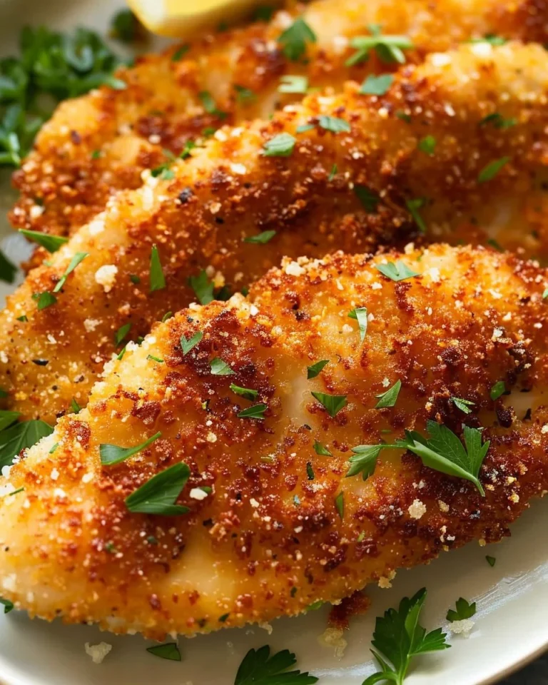 Delicious Parmesan Crusted Chicken garnished with herbs and lemon