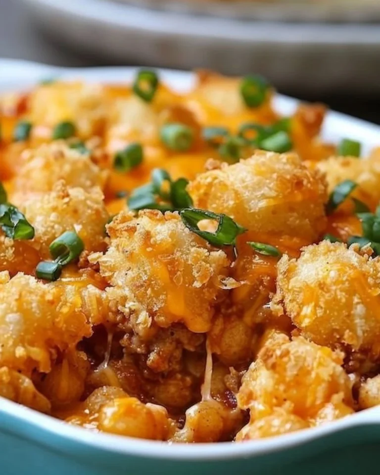 Golden-brown Potato Tot Casserole served in a casserole dish