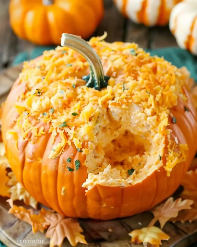 Pumpkin shaped cheeseball garnished with herbs, perfect for festive occasions.