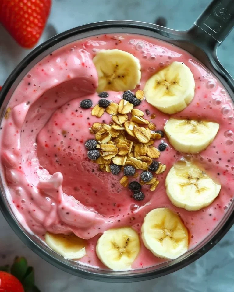 Strawberry banana smoothie bowl topped with fresh fruit and granola.
