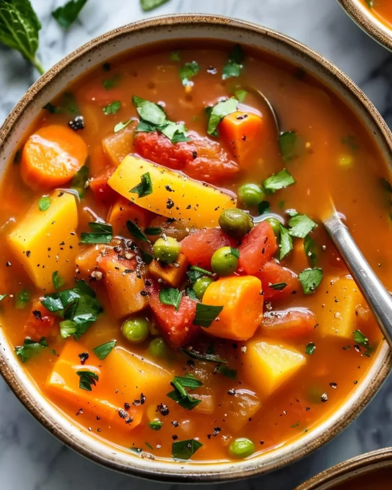 A hearty bowl of homemade vegetable soup filled with vibrant vegetables.